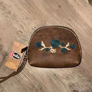 Justin Boots Brown Floral Embroidered Wristlet Cosmetic Bag NWT